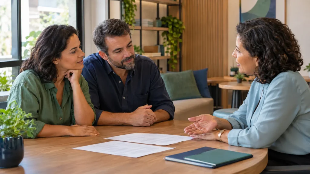 Reunião em uma sala de escritório: um consultor e dois clientes conversam sobre tipos de seguros, analisando documentos sobre a mesa e mantendo contato visual durante o atendimento.