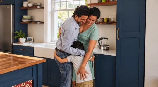 Em uma cozinha acolhedora, um pai abraça e dá carinho em um filho, enquanto uma mãe observa com sorriso; imagem que remete a tipos de seguros voltados à família e ao bem-estar.