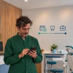 DIT ajuda a proteger a renda: Dentista em clínica odontológica usando tablet enquanto observa informações de proteção financeira na tela, com ícones de atendimento e saúde ao fundo.