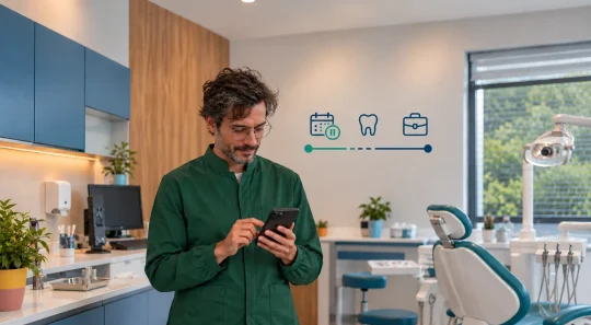 DIT ajuda a proteger a renda: Dentista em clínica odontológica usando tablet enquanto observa informações de proteção financeira na tela, com ícones de atendimento e saúde ao fundo.