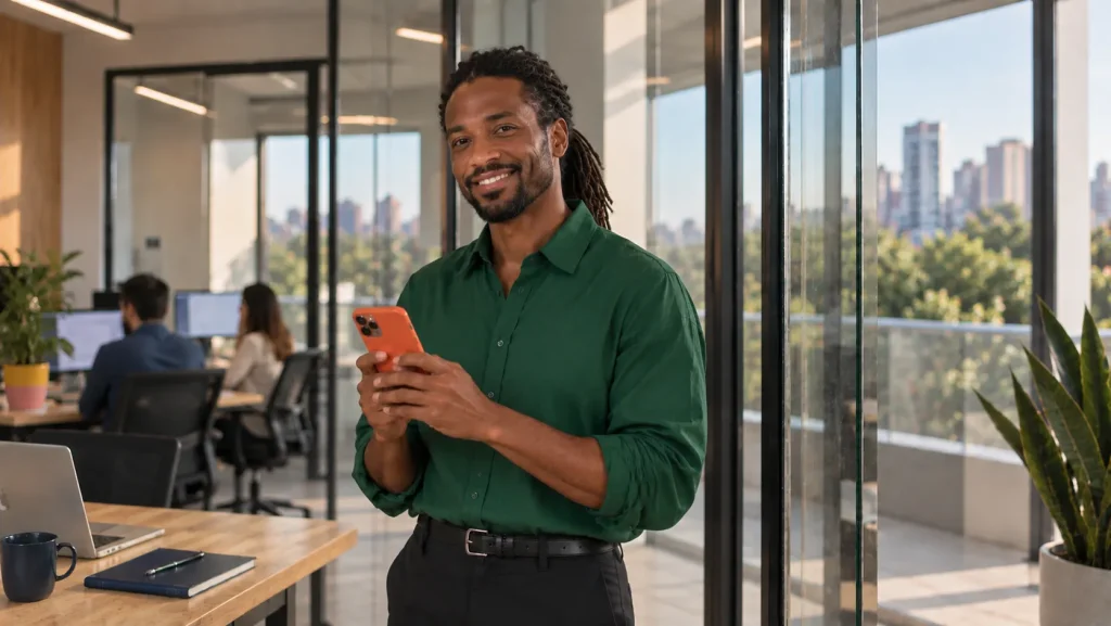 Homem sorrindo em ambiente corporativo moderno, segurando um celular em pé próximo a mesas e plantas; destaque para o contexto de trabalho e segurança para estagiário