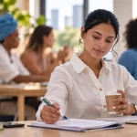 Estudante em ambiente corporativo trabalhando em um computador, segurando caneta e blocos de anotações, com colegas ao fundo.