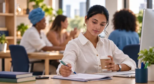 Estudante em ambiente corporativo trabalhando em um computador, segurando caneta e blocos de anotações, com colegas ao fundo.