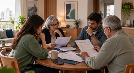 Reunião em família com idosos e adultos analisando documentos e conversando sobre papéis na mesa em uma sala de estar, transmitindo orientação legal e planejamento sucessório.