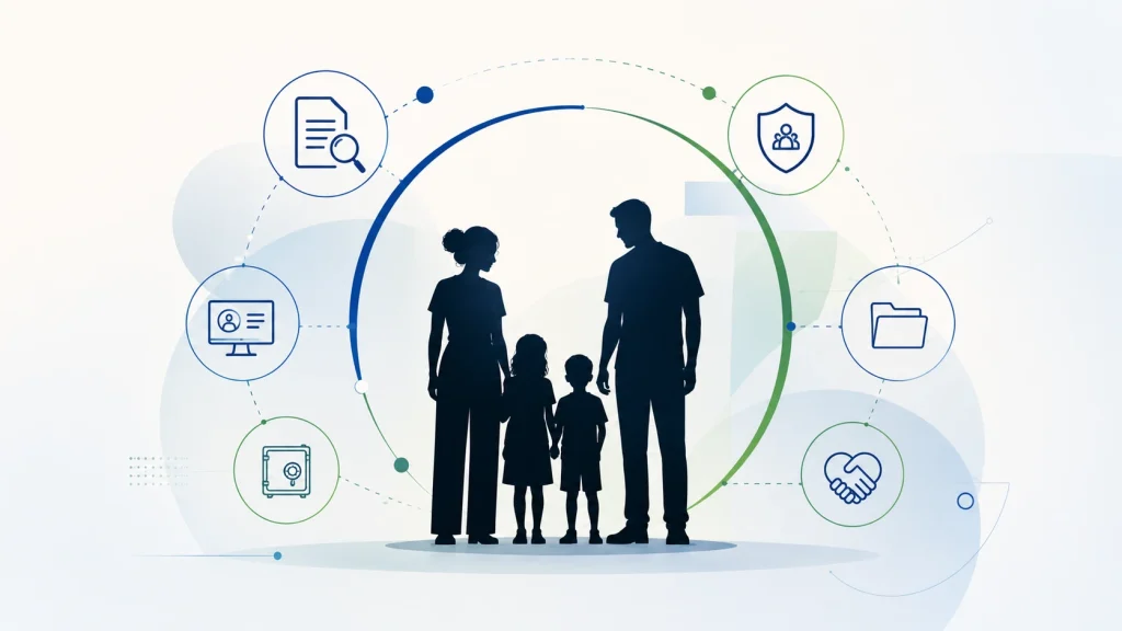 Ilustração de uma família em silhueta diante de um grande círculo, com ícones ao redor representando documentos, pesquisa, proteção, confiança, cofre e aperto de mãos, sugerindo um serviço de Seguro de vida.