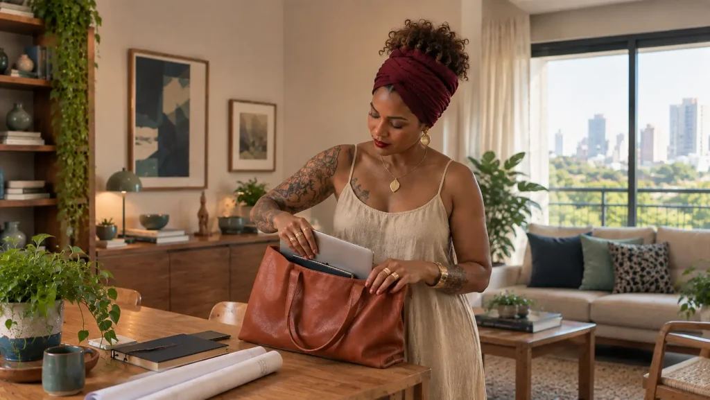Mulher em sala de estar organizada com plantas e mobiliário moderno, segurando uma bolsa de couro e conferindo documentos em um tablet, com janela ao fundo e cidade visível.