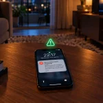 Celular em uma mesa com alerta de bloqueio e mensagem de tentativa de acesso inválida, em uma sala com luz noturna e televisão ao fundo, simbolizando fraudes em planos odontológicos.