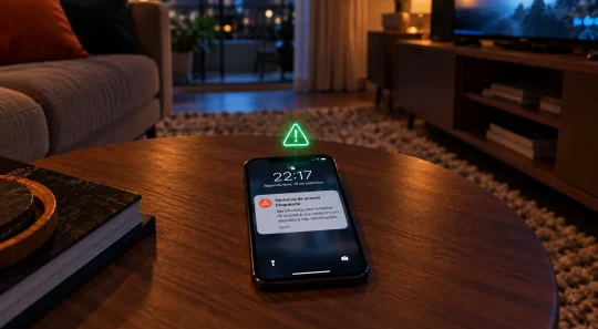 Celular em uma mesa com alerta de bloqueio e mensagem de tentativa de acesso inválida, em uma sala com luz noturna e televisão ao fundo, simbolizando fraudes em planos odontológicos.