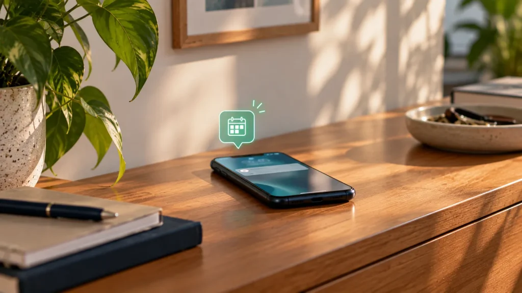 VGBL ou poupança: celular sobre uma mesa de madeira em ambiente residencial, com ícone de calendário e luzes indicando organização e planejamento financeiro