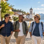 VGBL ou poupança: Três homens caminhando e conversando com sorrisos em uma rua de cidade histórica perto do mar, com montanhas ao fundo, luz do dia e céu azul