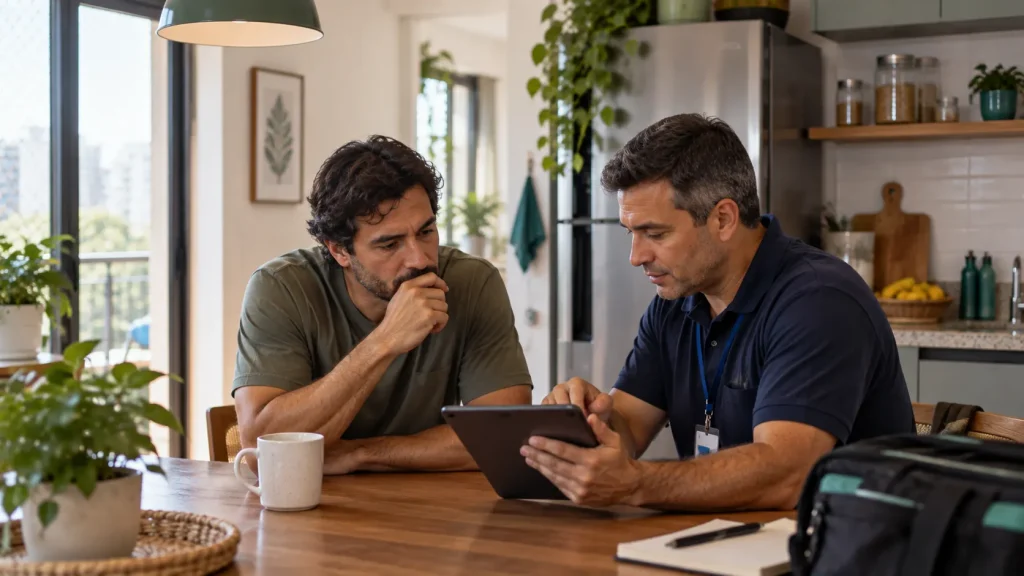 Dois homens em uma sala moderna, um deles com expressão preocupada enquanto o outro analisa informações em um tablet, em uma conversa que sugere avaliação de um problema doméstico antes que cause maiores prejuízos.
