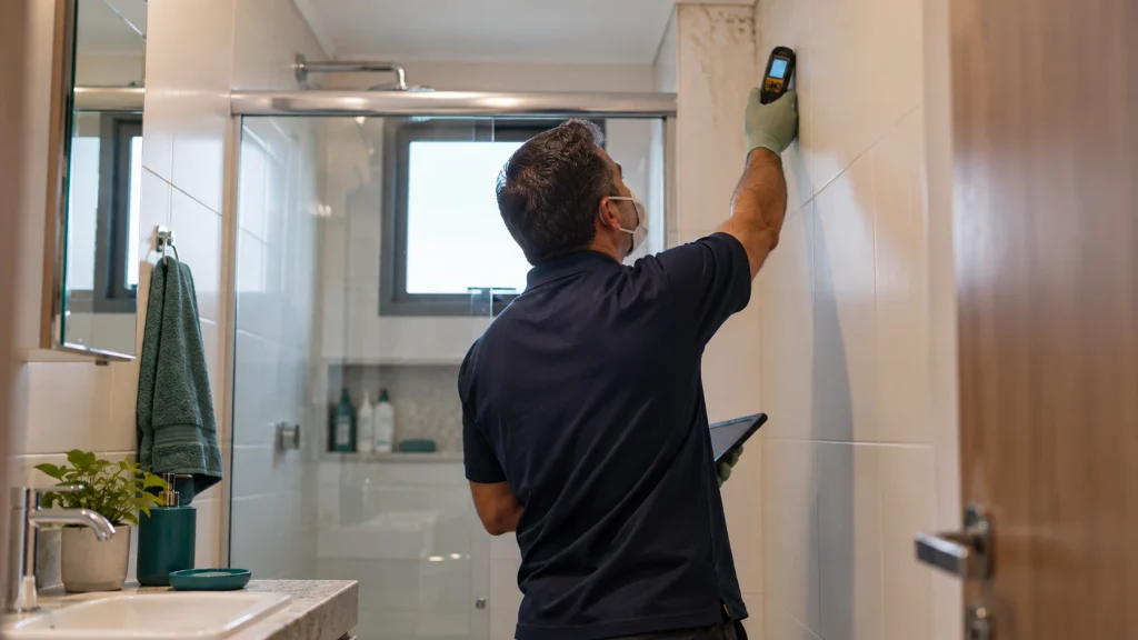 Profissional usando detector de vazamento em banheiro, verificando sinais de infiltração em parede e azulejos para evitar danos maiores e prejuízo.
