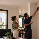 Técnico usando um aparelho para verificar indícios de Infiltração: quando um problema pequeno pode virar um grande prejuízo em uma parede de sala, ao lado de uma pessoa, com ferramentas e janela ao fundo.