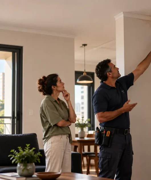Técnico usando um aparelho para verificar indícios de Infiltração: quando um problema pequeno pode virar um grande prejuízo em uma parede de sala, ao lado de uma pessoa, com ferramentas e janela ao fundo.
