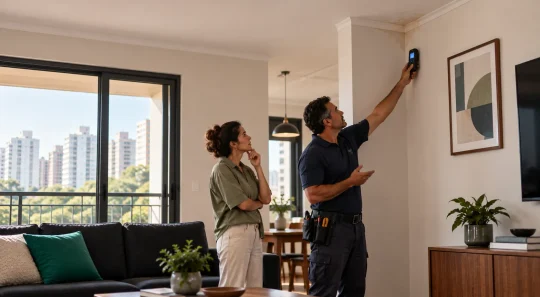 Técnico usando um aparelho para verificar indícios de Infiltração: quando um problema pequeno pode virar um grande prejuízo em uma parede de sala, ao lado de uma pessoa, com ferramentas e janela ao fundo.
