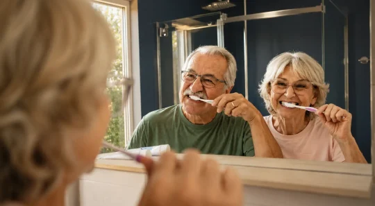 remédio caseiro para gengivite: Idosos sorrindo ao escovar os dentes em frente ao espelho no banheiro, com creme dental e escova na mão, promovendo higiene bucal diária