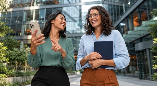 seguro D&O com duas profissionais sorrindo em um ambiente corporativo moderno, segurando celular e pasta, sugerindo confiança e gestão de risco no dia a dia