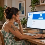 Mulher sentada em casa usando um computador com site de informações de saúde na tela, em ambiente iluminado com plantas e família ao fundo.