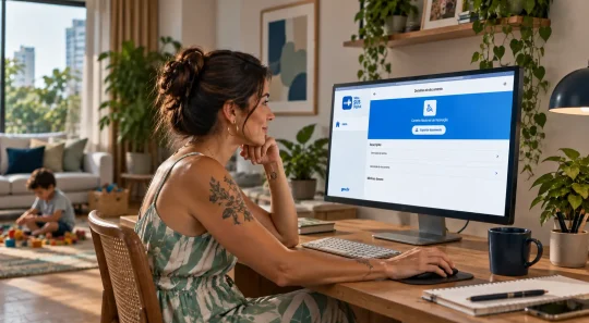 Mulher sentada em casa usando um computador com site de informações de saúde na tela, em ambiente iluminado com plantas e família ao fundo.