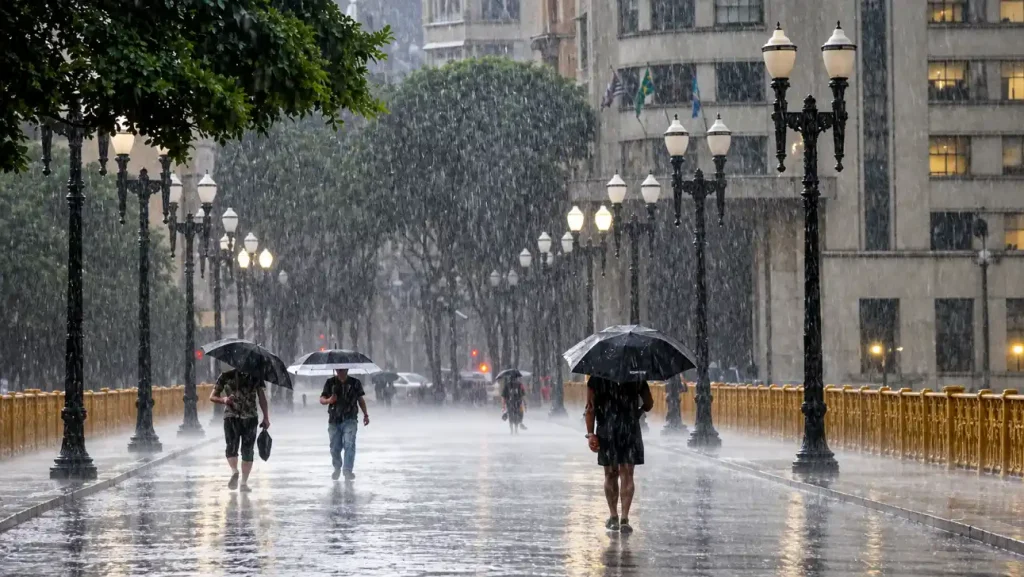 El Niño e saúde: Pessoas caminhando em uma rua durante forte chuva, com guarda-chuvas refletidos no asfalto molhado e prédios ao fundo, em um dia nublado.