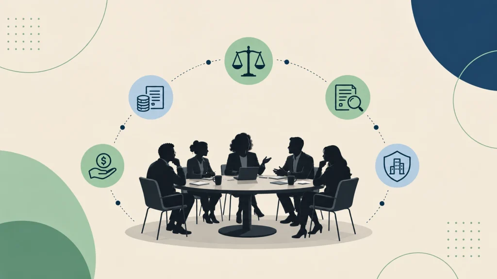 Ilustração de uma reunião executiva em mesa redonda com pessoas de terno, cercadas por ícones de documentos, proteção e análise de risco, representando seguro D&O.
