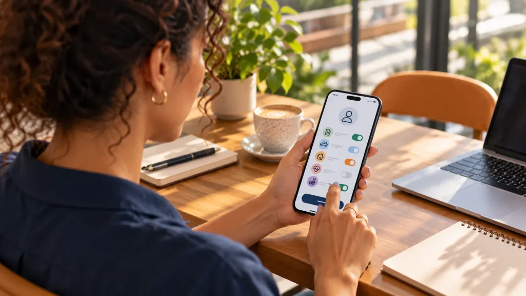 Mulher segurando celular com app de Open Insurance aberto, enquanto usa notebook e toma café à mesa em ambiente com plantas e luz natural