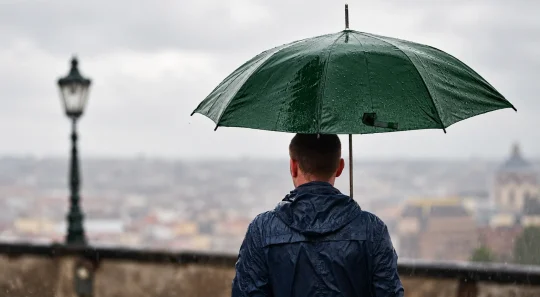 El Niño e saúde: pessoa de costas sob um guarda-chuva verde em dia chuvoso, observando a cidade ao fundo com céu nublado e clima úmido