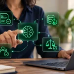Pessoa em ambiente de escritório analisando dados em um computador com ícones holográficos de riscos de IA, segurança e alertas visuais de conformidade