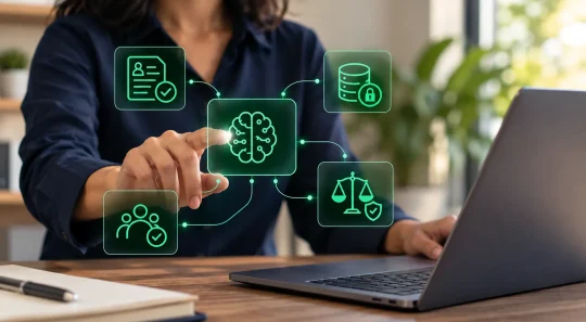 Pessoa em ambiente de escritório analisando dados em um computador com ícones holográficos de riscos de IA, segurança e alertas visuais de conformidade