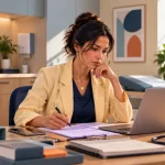 Médica em um escritório moderno, analisando um computador e fazendo anotações em um documento com caneta, transmitindo foco durante o trabalho, evitando erro profissional.