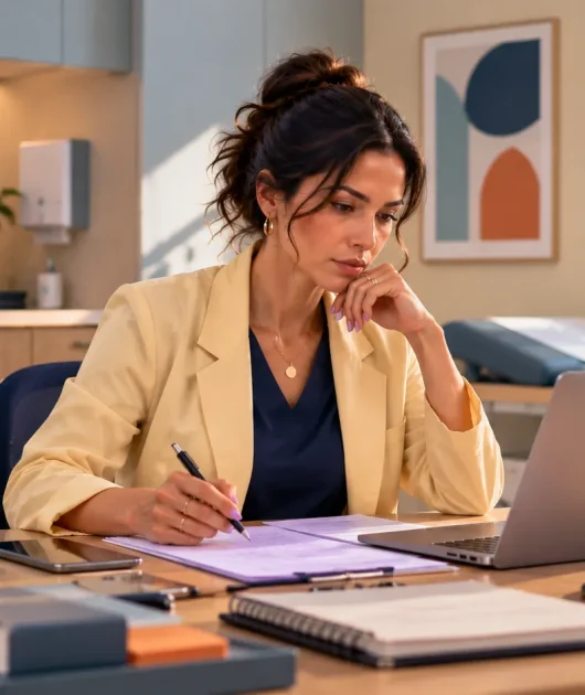 Médica em um escritório moderno, analisando um computador e fazendo anotações em um documento com caneta, transmitindo foco durante o trabalho, evitando erro profissional.