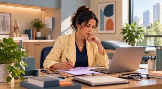 Médica em um escritório moderno, analisando um computador e fazendo anotações em um documento com caneta, transmitindo foco durante o trabalho, evitando erro profissional.