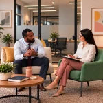 Reunião em escritório: dois profissionais conversam em cadeiras verdes, enquanto um anota em um caderno, em uma conversa sobre compliance e segurança no trabalho relacionada à nova NR-1.