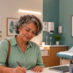 Caderneta da pessoa idosa sendo preenchida por uma mulher mais velha em uma consulta de saúde, enquanto uma profissional observa em um consultório acolhedor.
