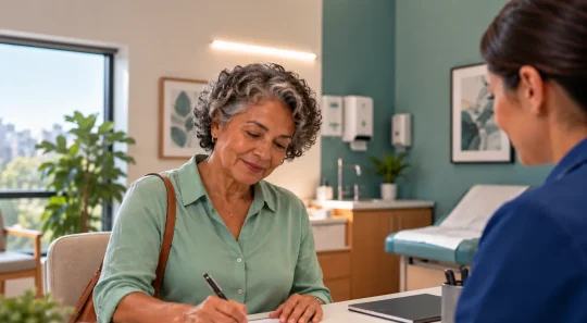 Caderneta da pessoa idosa sendo preenchida por uma mulher mais velha em uma consulta de saúde, enquanto uma profissional observa em um consultório acolhedor.