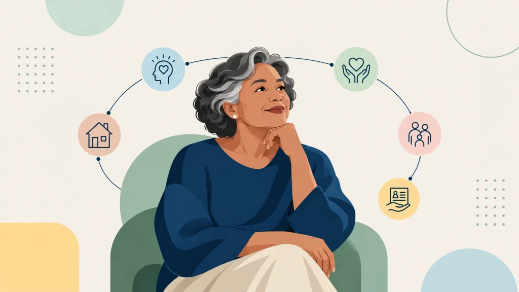 Ilustração de uma pessoa idosa sorridente sentada em uma poltrona, com ícones ao redor representando ideias, coração e documento, sugerindo a Caderneta da pessoa idosa.