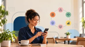 Mulher usando celular em ambiente de escritório com ícones ao redor representando Open Insurance, como documentos, usuário, casa e saúde, sugerindo serviços de seguros digitais