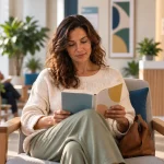 Mulher em uma sala de espera confortável, sentada e lendo um folheto, em ambiente de atendimento, sugerindo apoio e informação sobre doenças autoimunes em mulheres