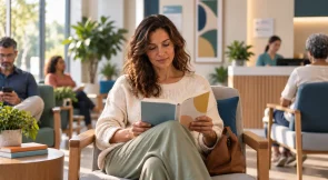 Mulher em uma sala de espera confortável, sentada e lendo um folheto, em ambiente de atendimento, sugerindo apoio e informação sobre doenças autoimunes em mulheres