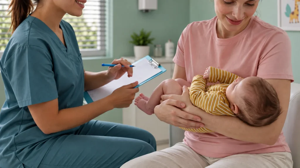 Profissional de saúde realiza exame e orienta uma mãe enquanto amamenta um bebê em consultório pediátrico, com atendimento humanizado e foco preventivo.