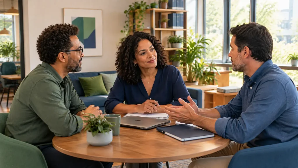 Reunião de negócios em escritório com três pessoas conversando ao redor de uma mesa com notebook, transmitindo confiança e tomada de decisão para seguro D&O.