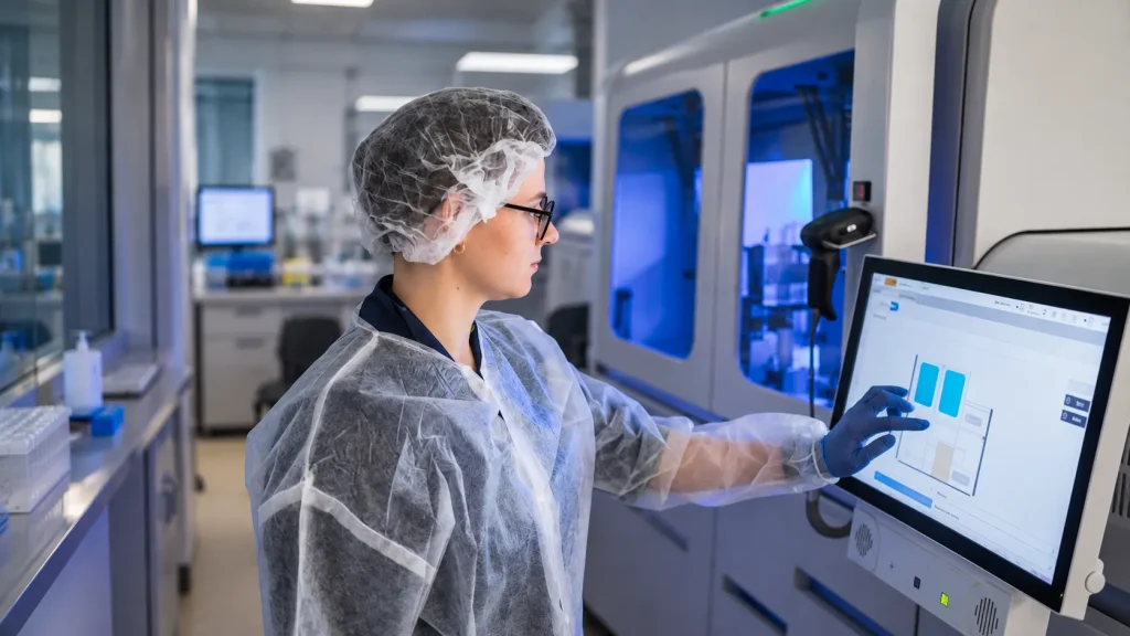 Pesquisadora em laboratório de biotecnologia utiliza um console com gráficos e dados em tela, usando equipamento de proteção, enquanto monitora análises para medicina preditiva.
