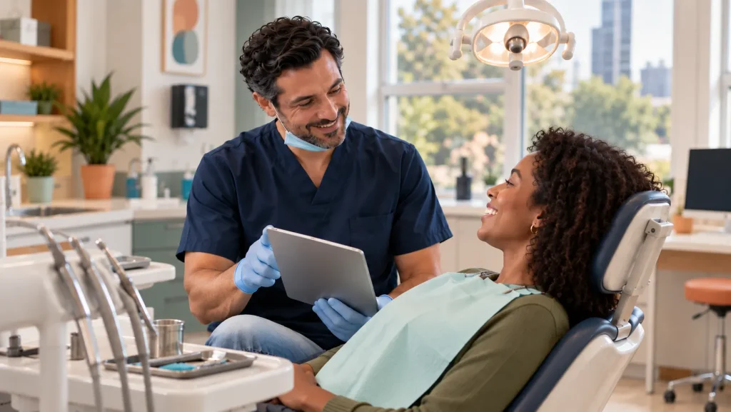Dentista sorrindo e examinando uma paciente em cadeira odontológica, com foco em atendimento clínico em consultório moderno