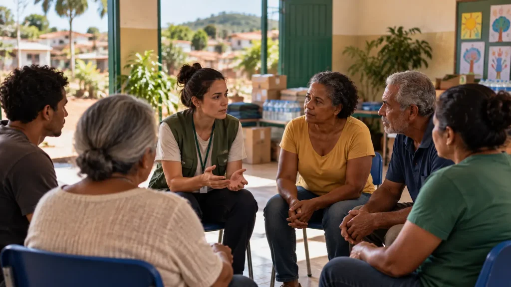 Reunião comunitária ao ar livre com pessoas em círculo, ouvindo uma mediadora com colete e conversando sobre um projeto social durante o dia.