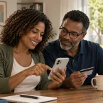 Casal em casa conversando e usando celular e tablet na sala, com xícara e notebook sobre a mesa; imagem que remete a tecnologia e informação sobre segurança no trabalho e direitos da nova NR-1