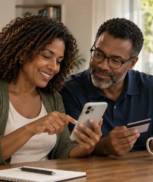 Casal em casa conversando e usando celular e tablet na sala, com xícara e notebook sobre a mesa; imagem que remete a tecnologia e informação sobre segurança no trabalho e direitos da nova NR-1