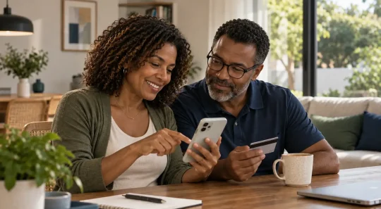 Casal em casa conversando e usando celular e tablet na sala, com xícara e notebook sobre a mesa; imagem que remete a tecnologia e informação sobre segurança no trabalho e direitos da nova NR-1