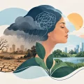 Ilustração sobre solastalgia com uma mulher em perfil sobre um cenário dividido entre paisagem árida e cidade verde ao fundo, com nuvens e sol ao lado.