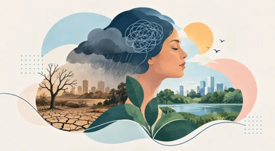 Ilustração sobre solastalgia com uma mulher em perfil sobre um cenário dividido entre paisagem árida e cidade verde ao fundo, com nuvens e sol ao lado.