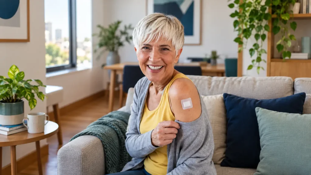 Mulher sorridente em casa segurando um curativo no braço, possivelmente após vacinação; ambiente com sala de estar e plantas ao fundo.
